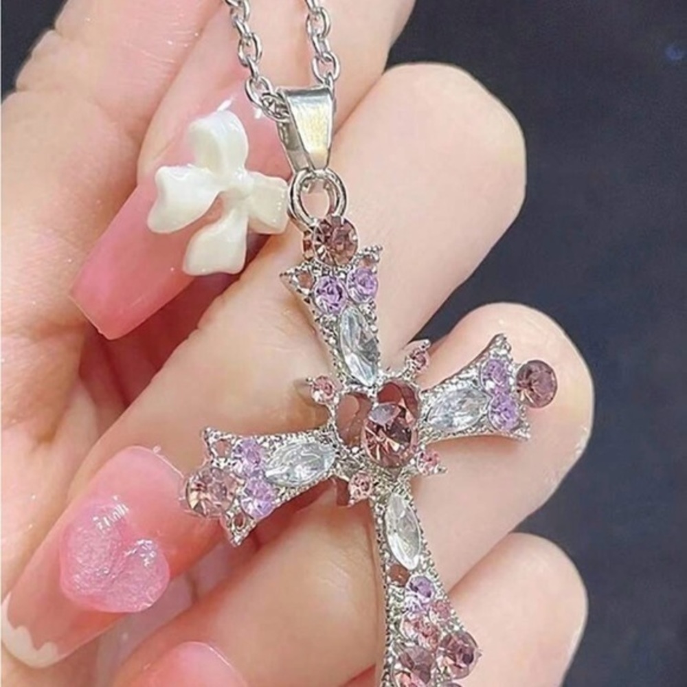 Elegant Silver and Pink Cross Pendant Necklace